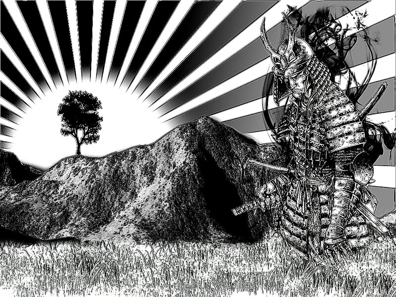 Samurai Warrior in Armor — Black, Dramatic, Sunrise