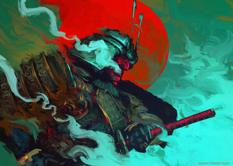 Samurai Warrior in Armor — Red, Dramatic, Sunset