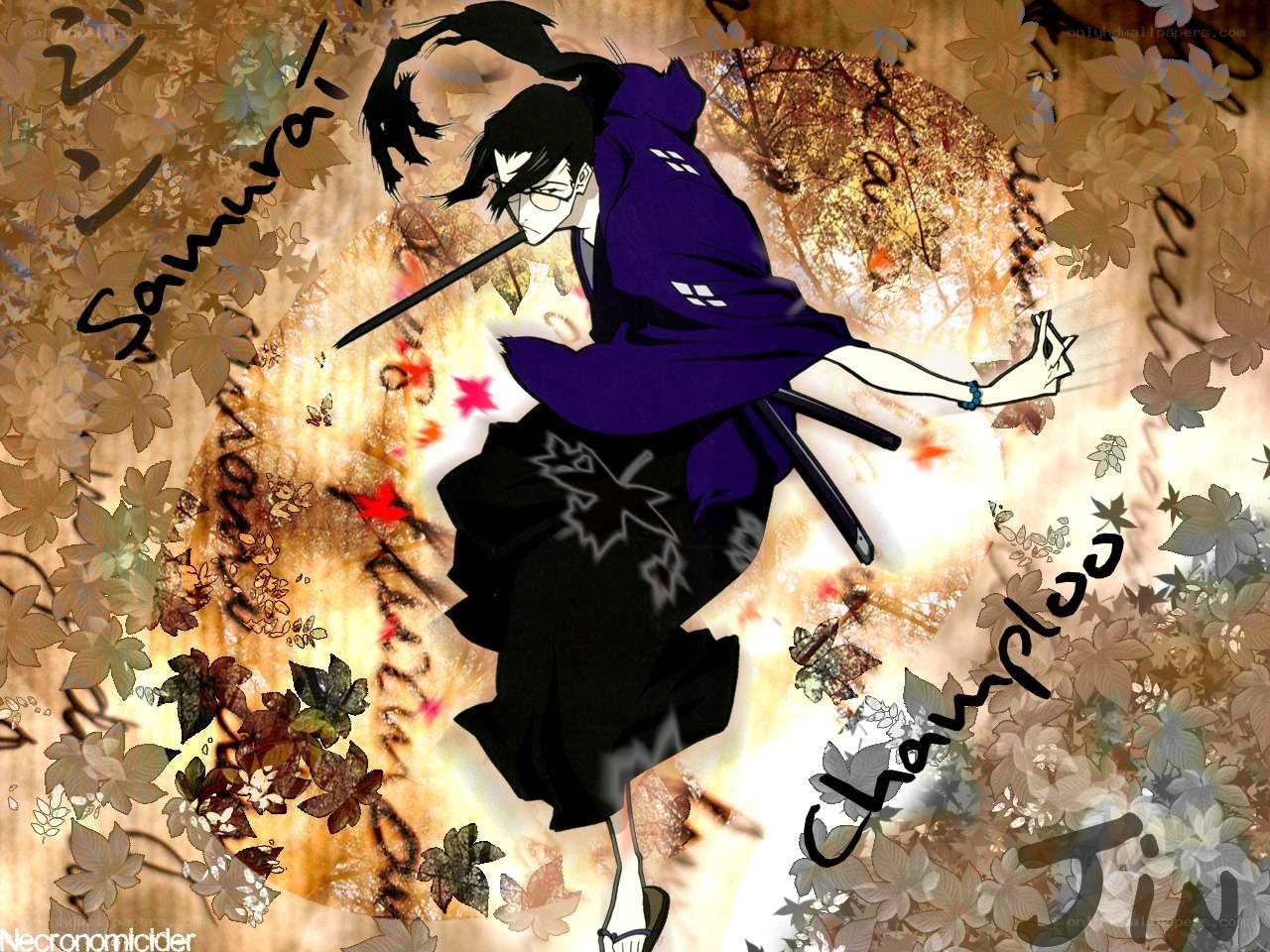 Samurai warrior in autumn leaves