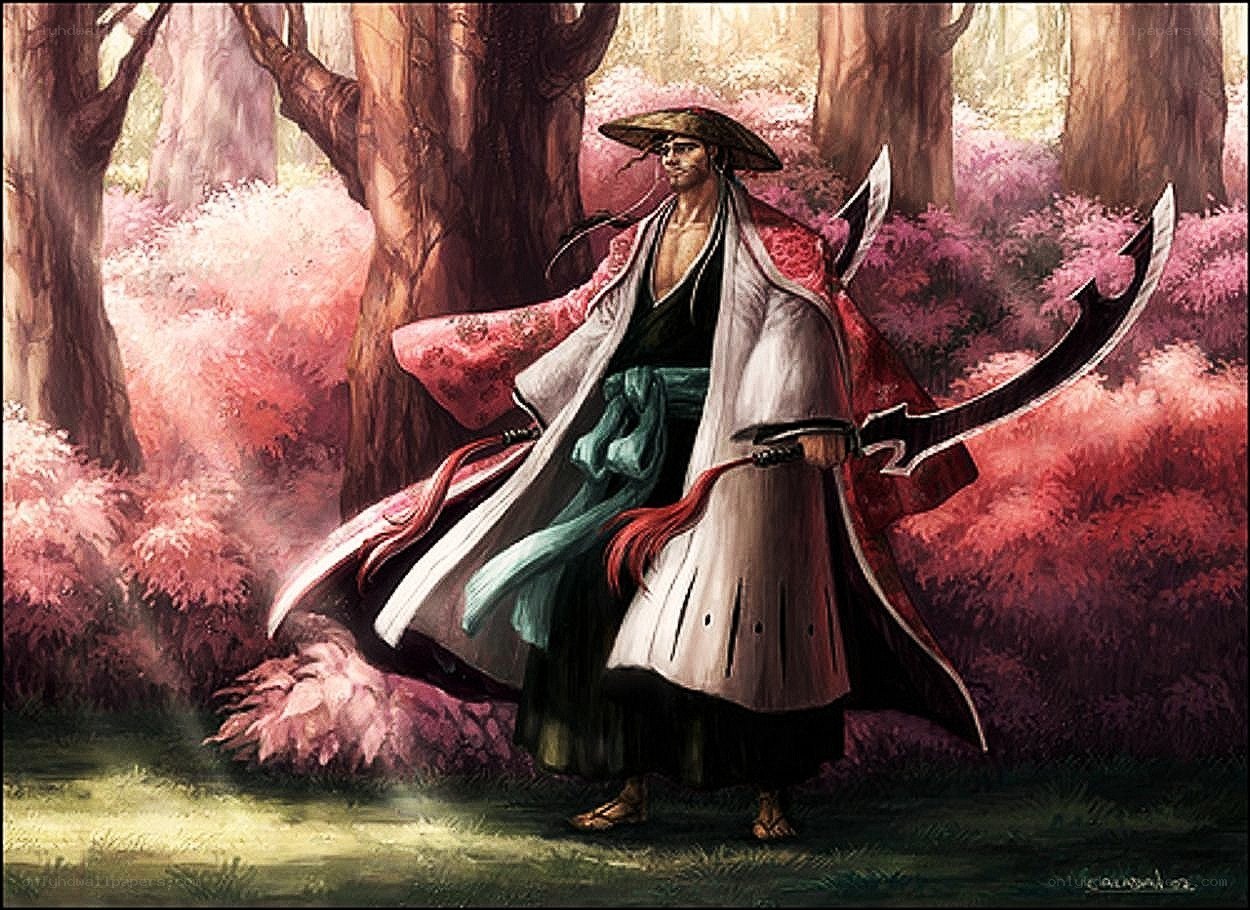 samurai warrior in cherry blossom forest