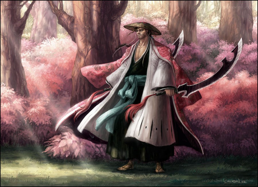 Samurai warrior in cherry blossom forest