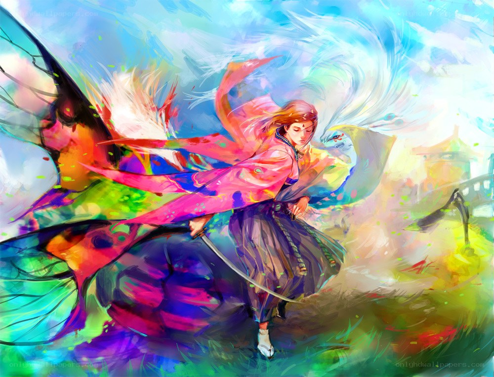 Samurai warrior in colorful motion