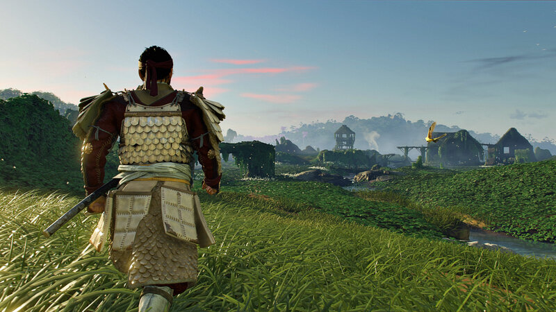 Samurai Warrior in Field — Green, Serene, Sunset
