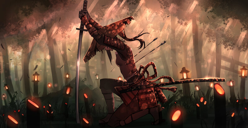 Samurai Warrior in Forest — Brown, Dramatic