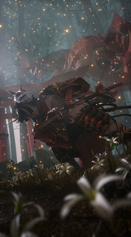 Samurai Warrior in Forest — Red, Dramatic, Night
