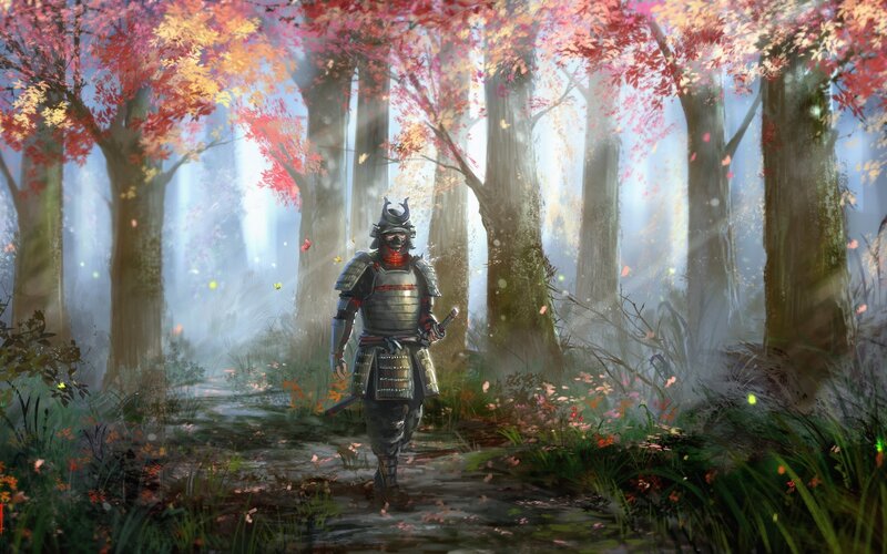 Samurai Warrior in Forest — Red, Serene