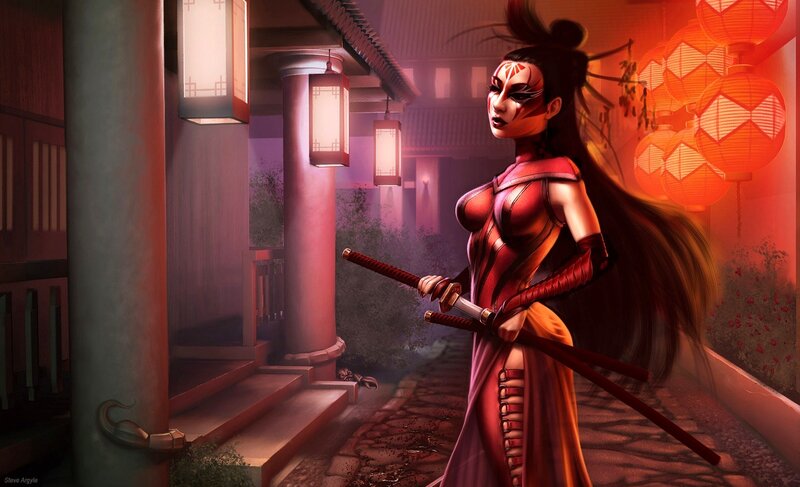 Samurai warrior in lantern-lit alley