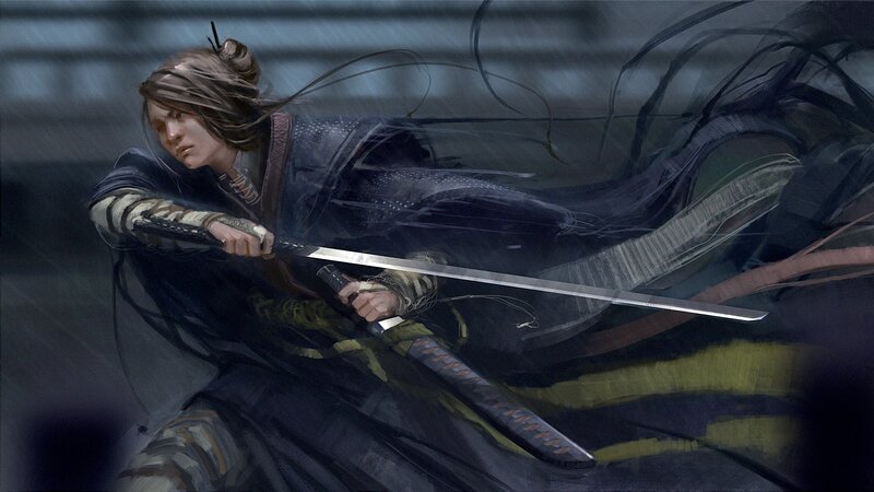 Samurai Warrior in Motion — Black, Dramatic
