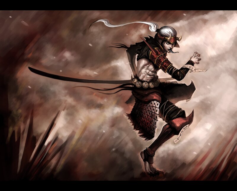 Samurai Warrior in Motion — Brown, Dramatic, Digital Art