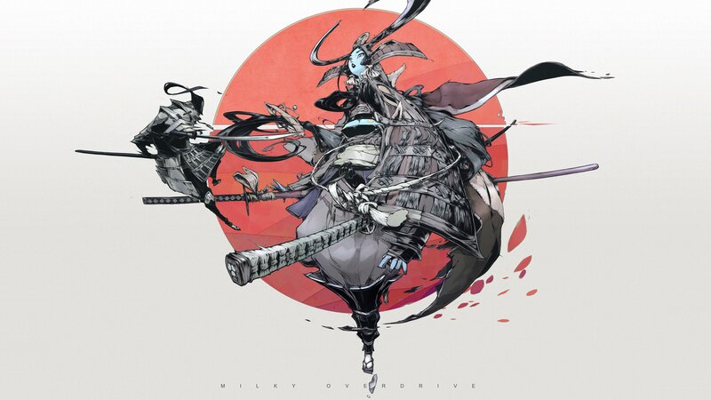 Samurai Warrior in Motion — Red, Dramatic, Digital Art, Sword