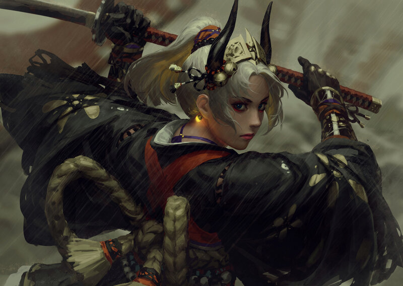 Samurai Warrior in Rain — Black, Dramatic