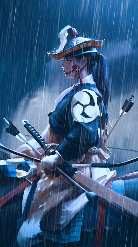 Samurai Warrior in Rain — Blue, Dramatic, Night