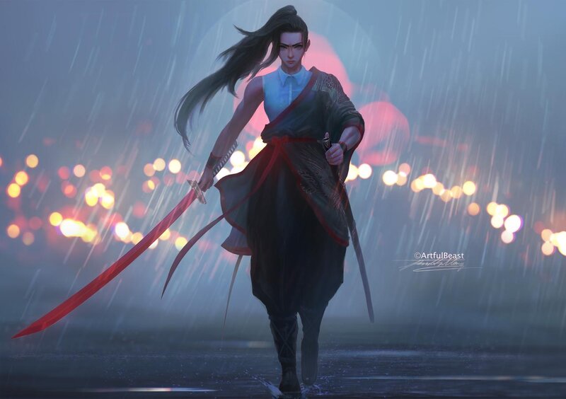 Samurai Warrior in Rain — Blue