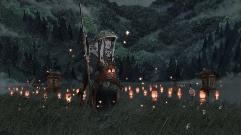 Samurai Warrior in Rain — Green, Dramatic