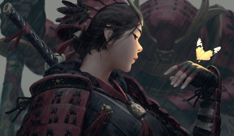Samurai Warrior in Rain — Red