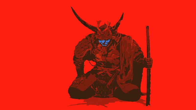 Samurai Warrior Kneeling — Red, Dramatic