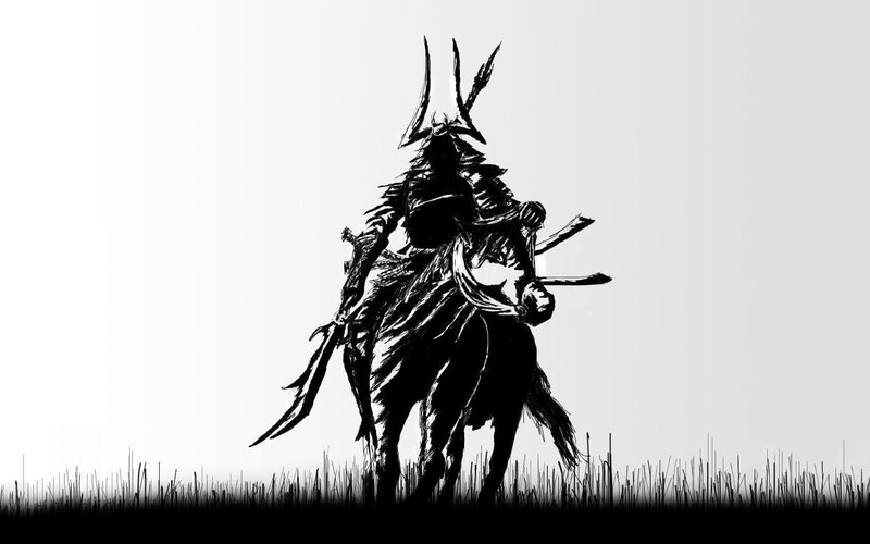 Samurai Warrior on Horse — Black, Dramatic, Digital Art