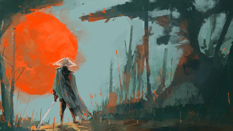 Samurai Warrior — Orange, Dramatic, Sunset, Digital Art