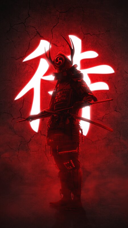 Samurai Warrior — Red, Dramatic, Digital Art, Sword, Armor