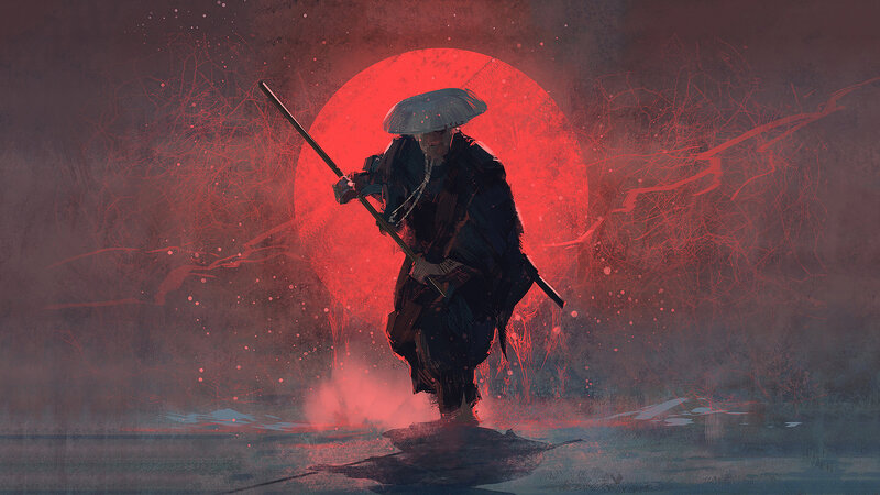 Samurai Warrior — Red, Dramatic, Sunset, Digital Art, Red Sun, Bamboo Hat