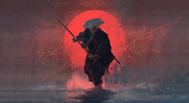 Samurai Warrior — Red, Dramatic, Sunset, Digital Art, Red Sun