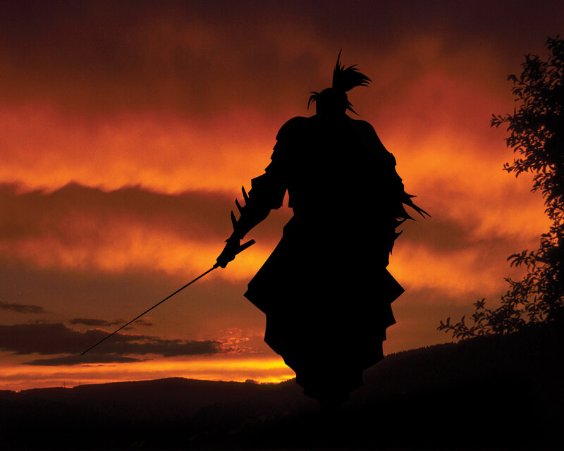 Samurai Warrior Silhouette — Orange, Dramatic