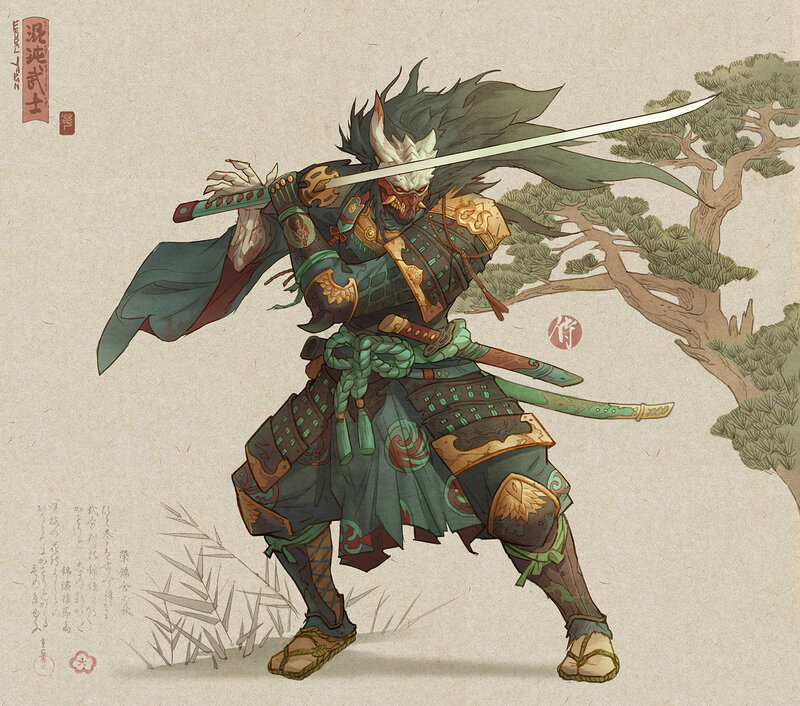 Samurai Warrior with Mask — Green