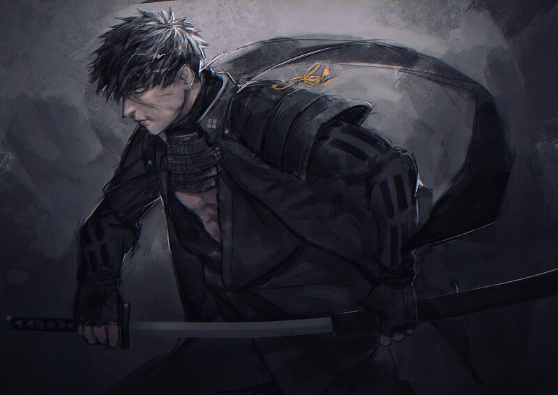 Samurai Warrior with Sword — Black, Dramatic, Digital Art, Armor, Cape