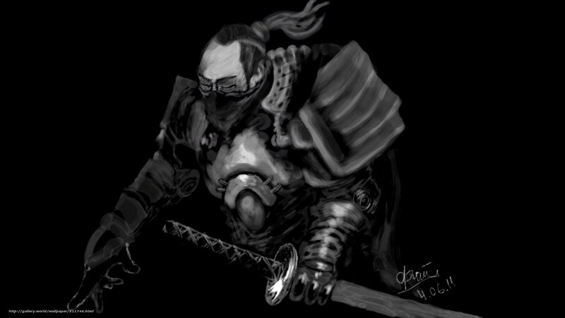 Samurai Warrior with Sword — Black, Dramatic, Digital Art, Armor, Mask