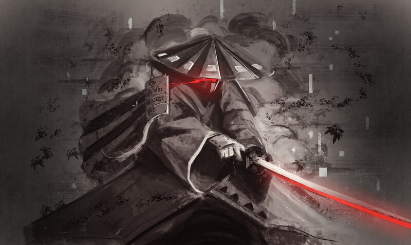 Samurai Warrior with Sword — Black, Dramatic, Digital Art, Hat