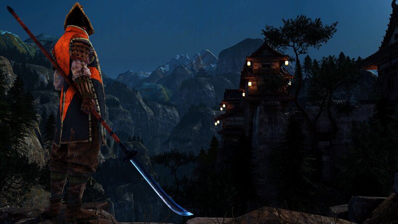 Samurai Warrior with Sword — Blue, Dramatic, Night, 3d Render