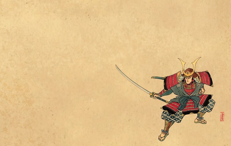 Samurai Warrior with Sword — Brown, Dramatic, Illustration, Armor, Helmet, Red