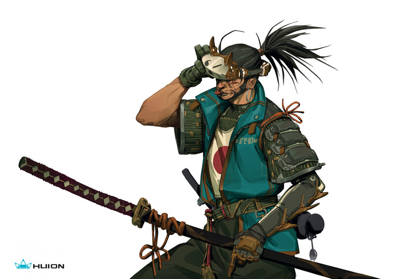 Samurai Warrior with Sword — Green, Dramatic, Digital Art