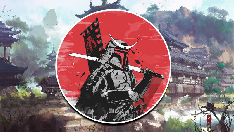 Samurai Warrior with Sword — Red, Dramatic, Digital Art, Flag