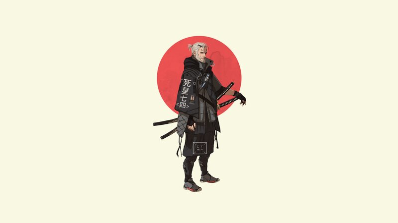 Samurai Warrior with Swords — Black, Dramatic, Digital Art, Red Circle
