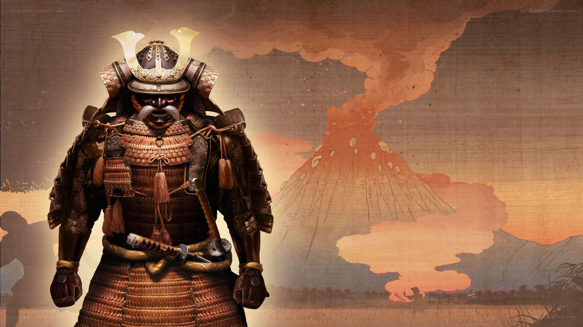 Samurai warrior with volcano