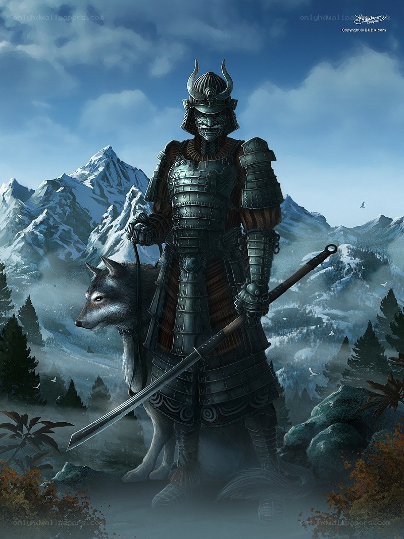 Samurai warrior with wolf