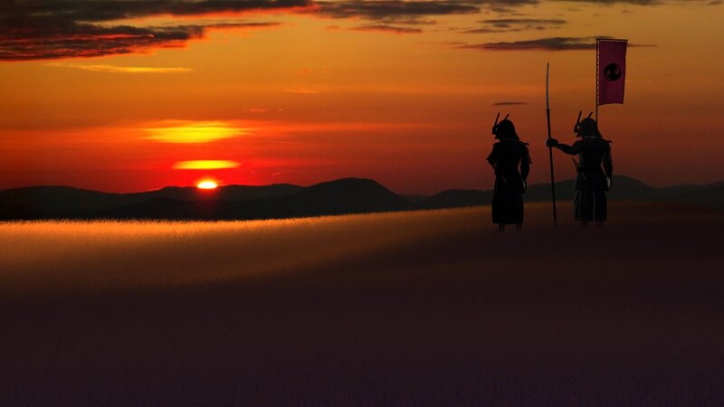 Samurai Warriors at Sunset — Orange, Dramatic