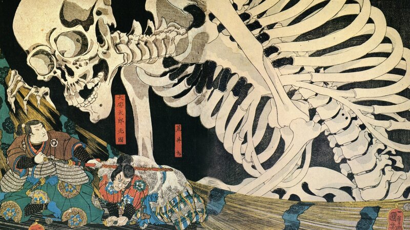 Samurai Warriors Fighting Skeleton — Black, Dramatic, Illustration