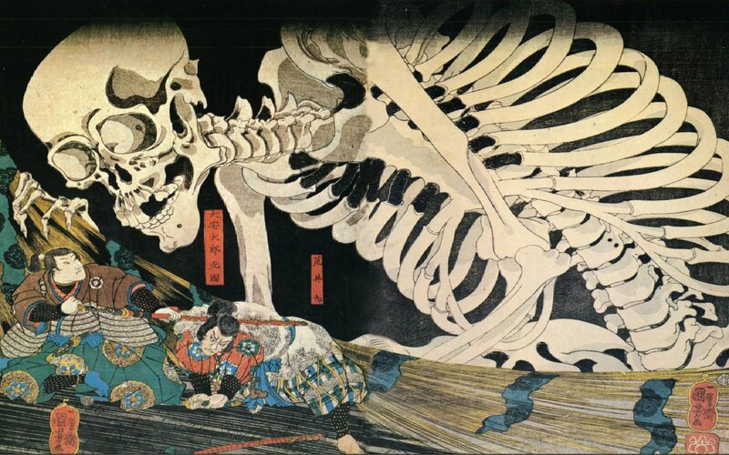 Samurai Warriors Fighting Skeleton — Black, Dramatic, Night