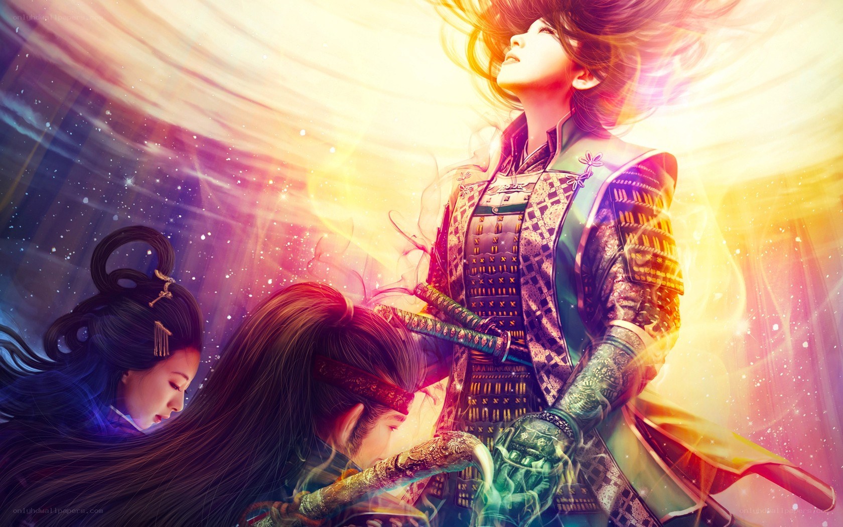 Samurai warriors in radiant light