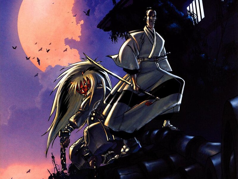 Samurai warriors under a blood moon