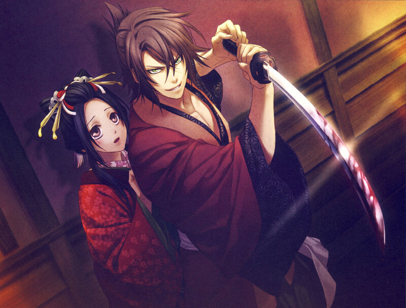 Samurai with sword and woman