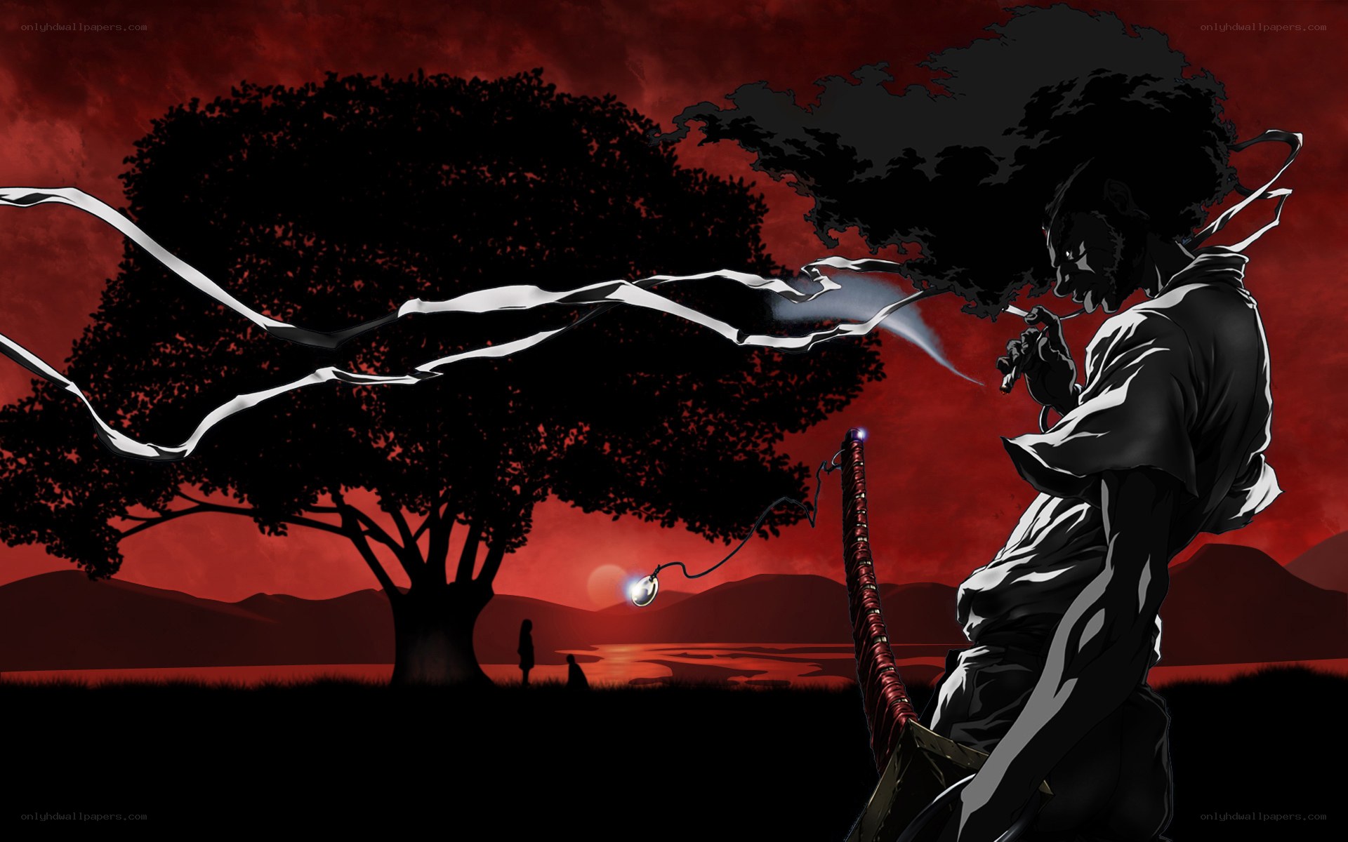 Samurai with sword at sunset