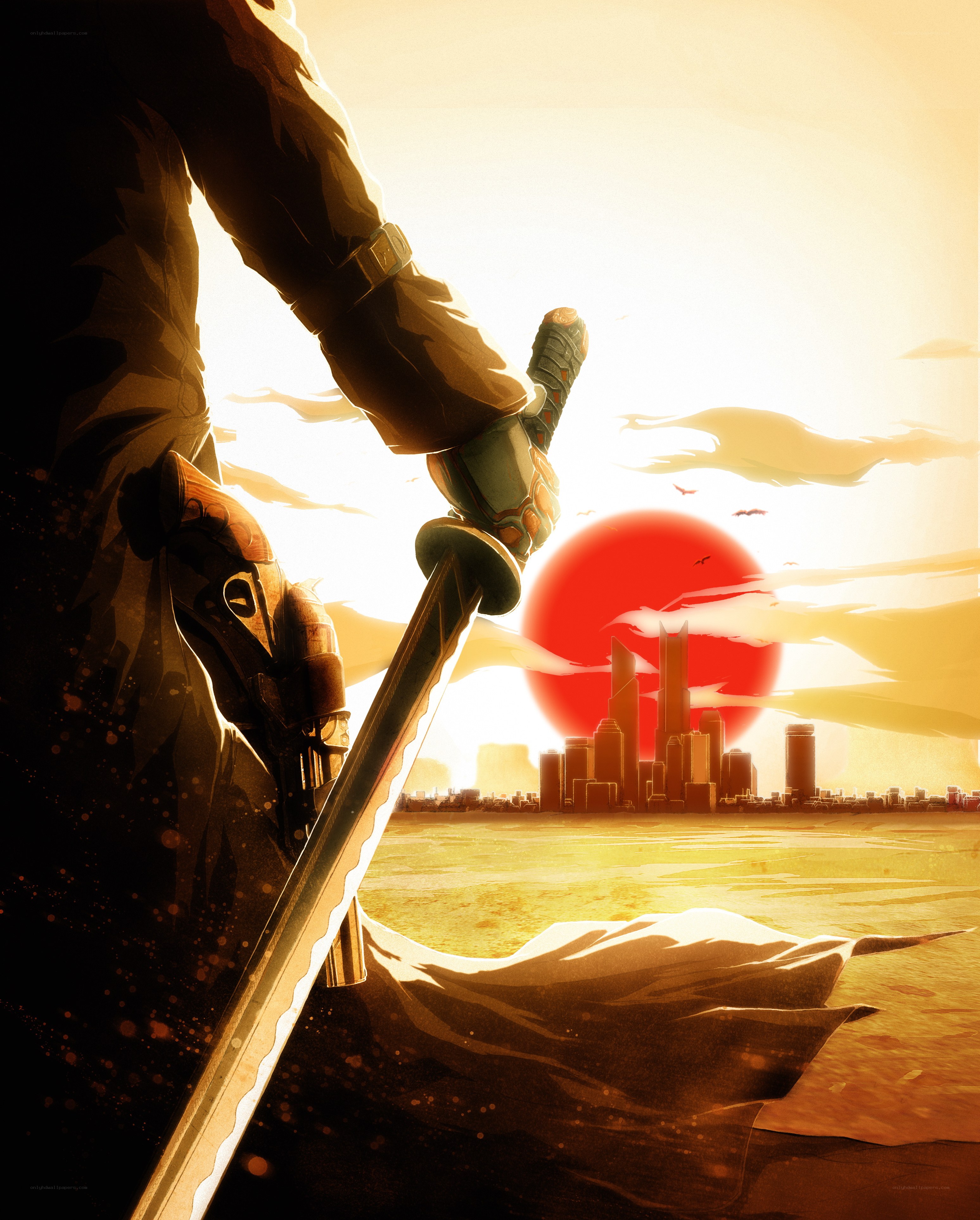 Samurai with sword at sunset
