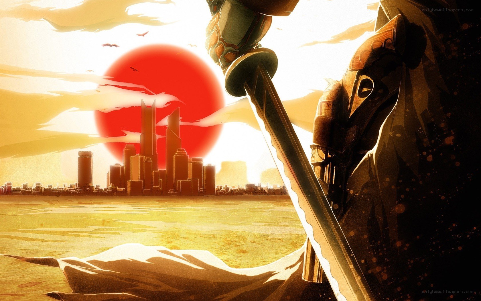Samurai with sword at sunset