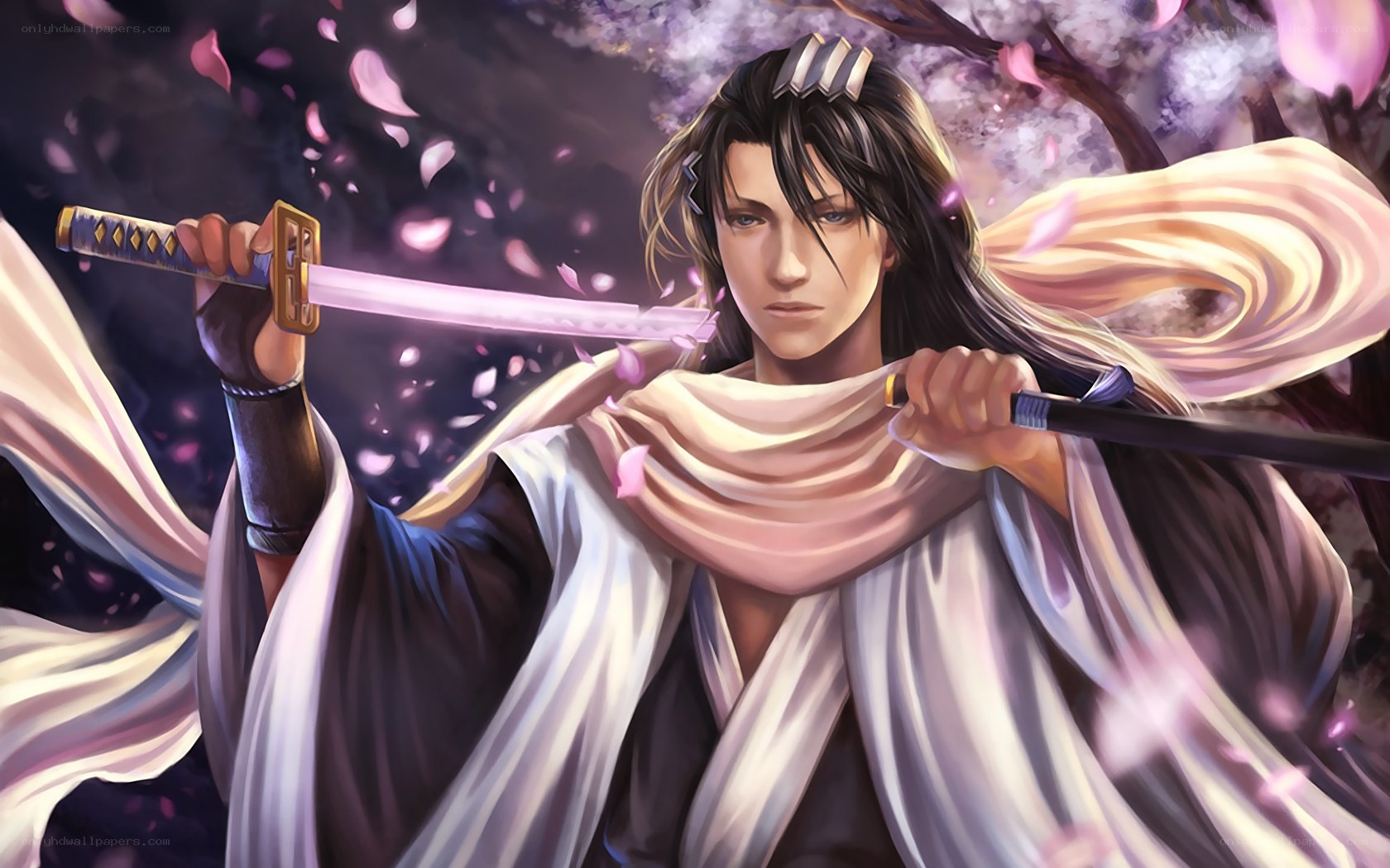 samurai with sword in cherry blossoms
