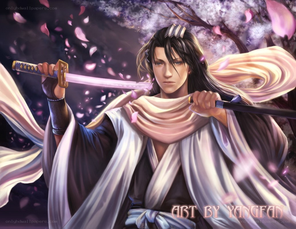 samurai with sword in cherry blossoms