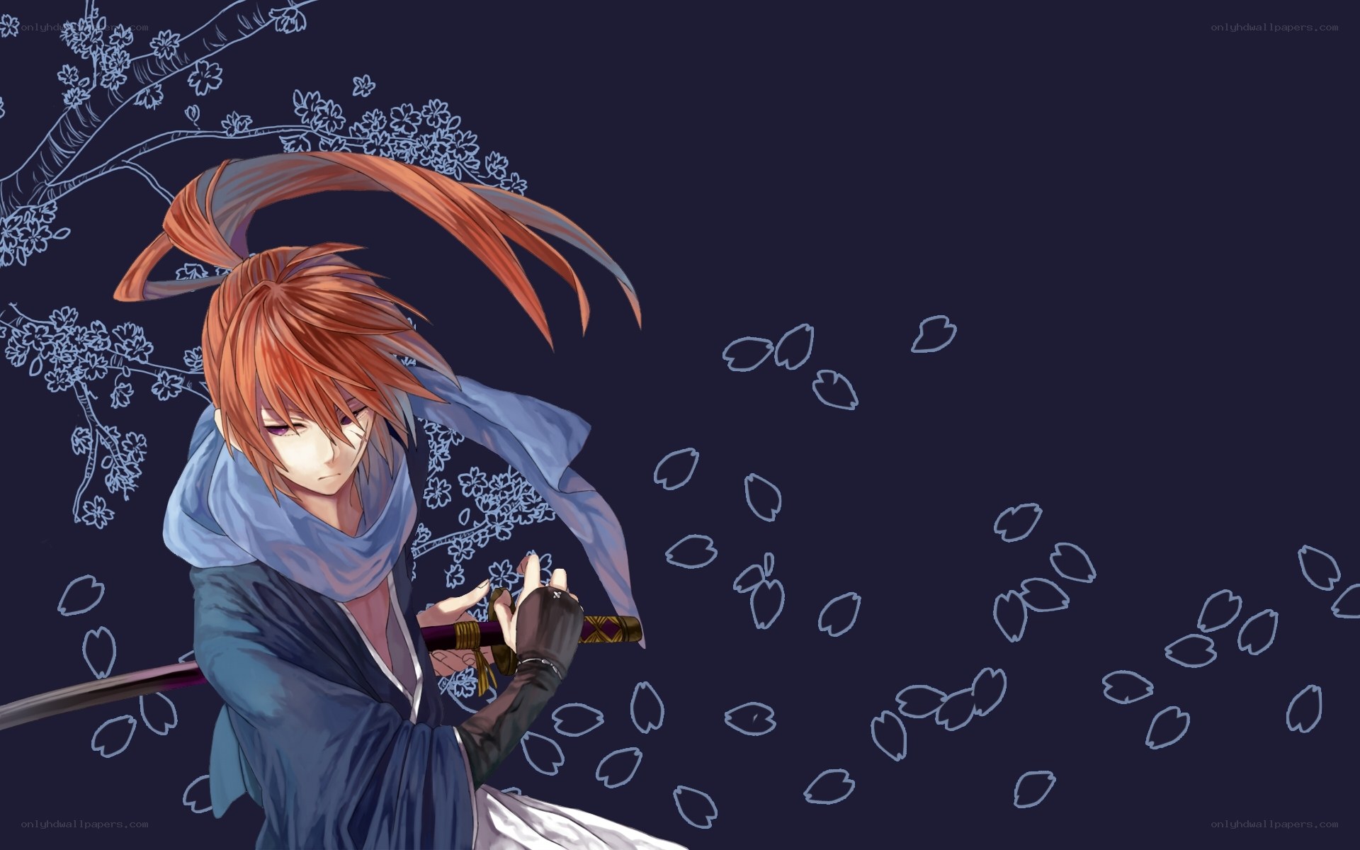 samurai with sword in cherry blossoms