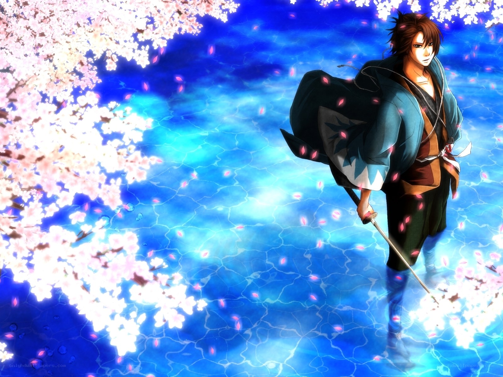 samurai with sword under cherry blossoms